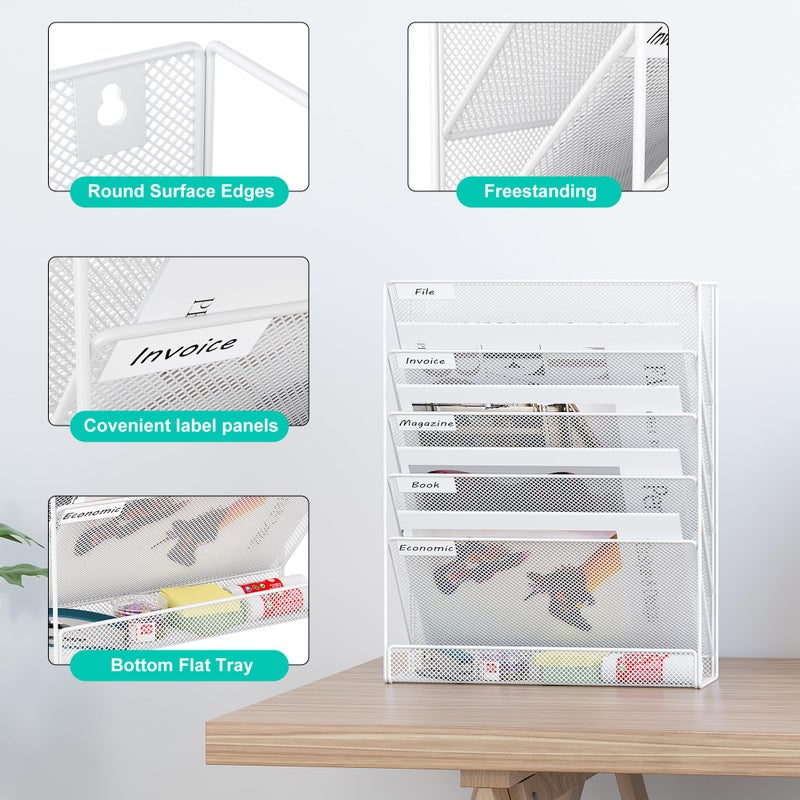 EasyPAG 5 Tier Wall File Holder, Mesh Hanging Folder Organizer with Classify Label, Versatile Desk File Holder, Vertical Wall Mounted Mail Organizer for Office Home Cubicle, White - Image 2